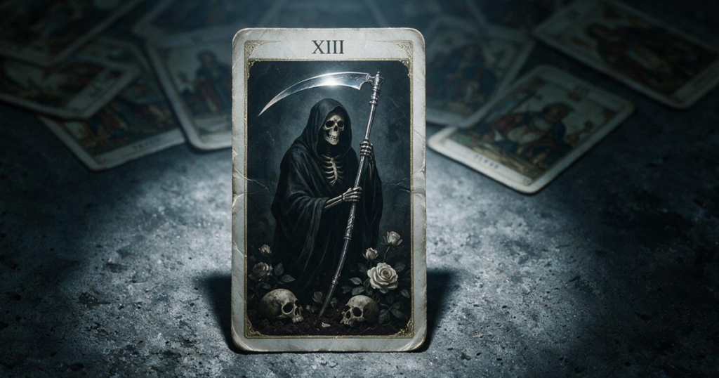 Tarot deck fanned on dark concrete under a single light source.