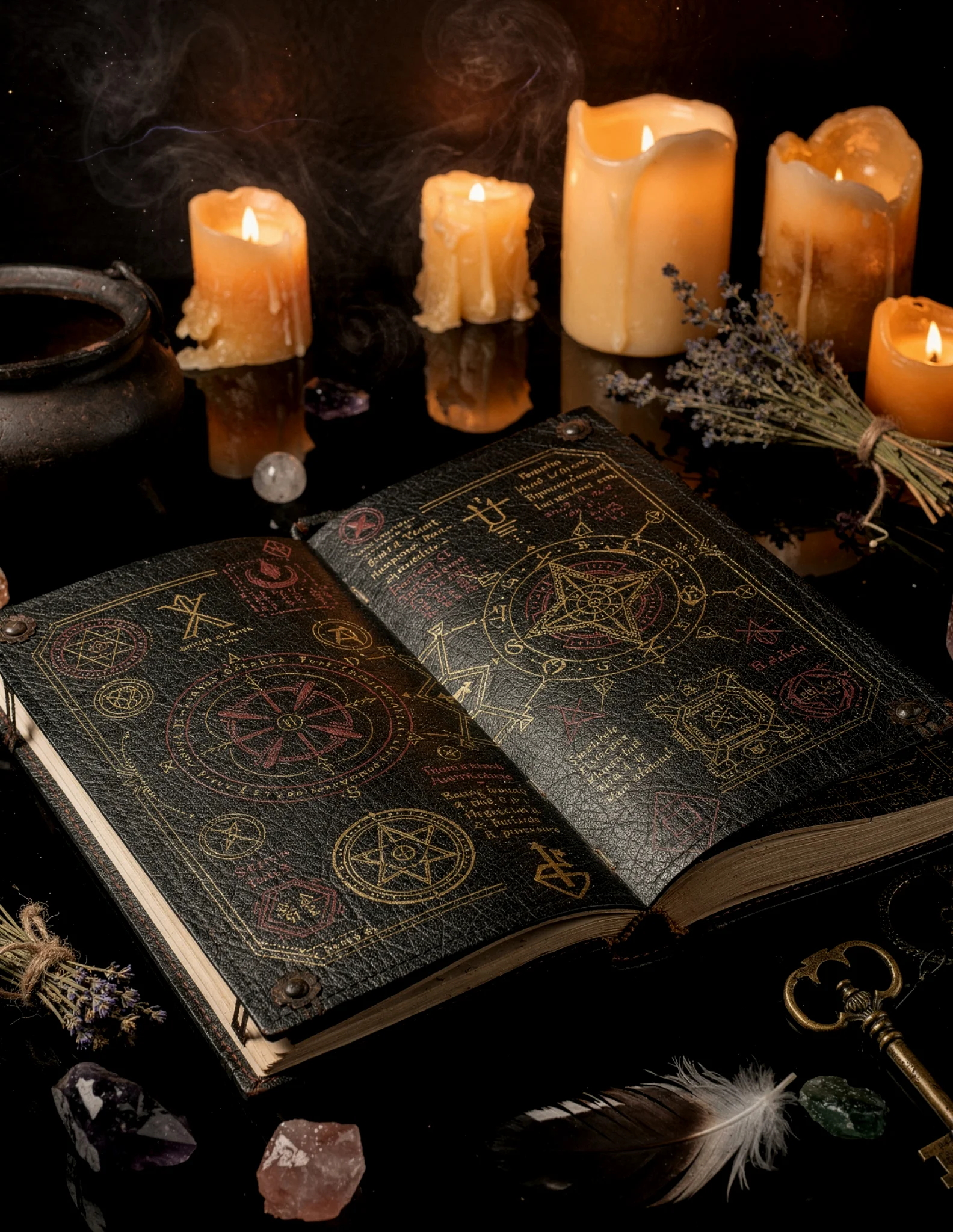 grimoire with black pages and symbols