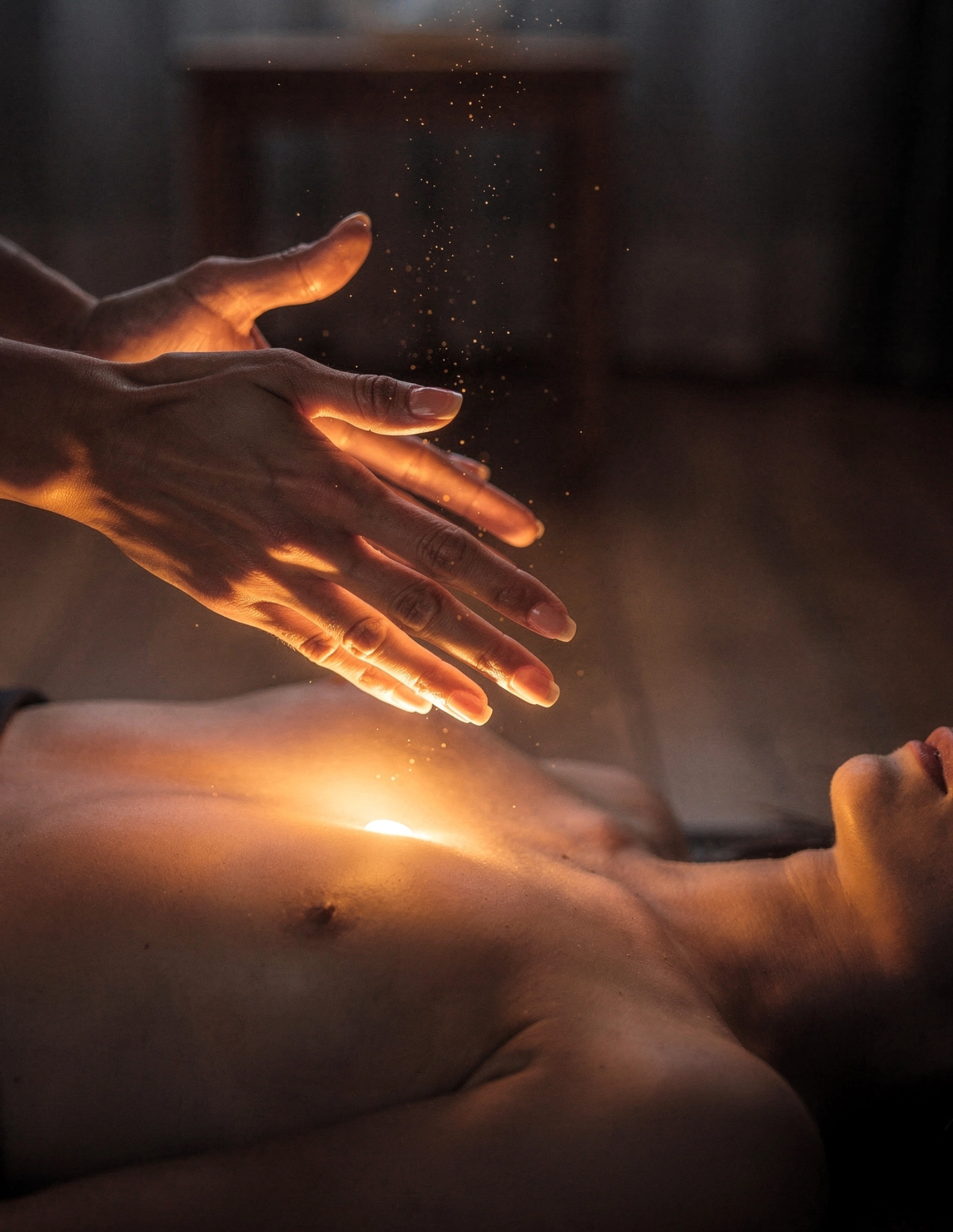 hands hovering on chest for reiki