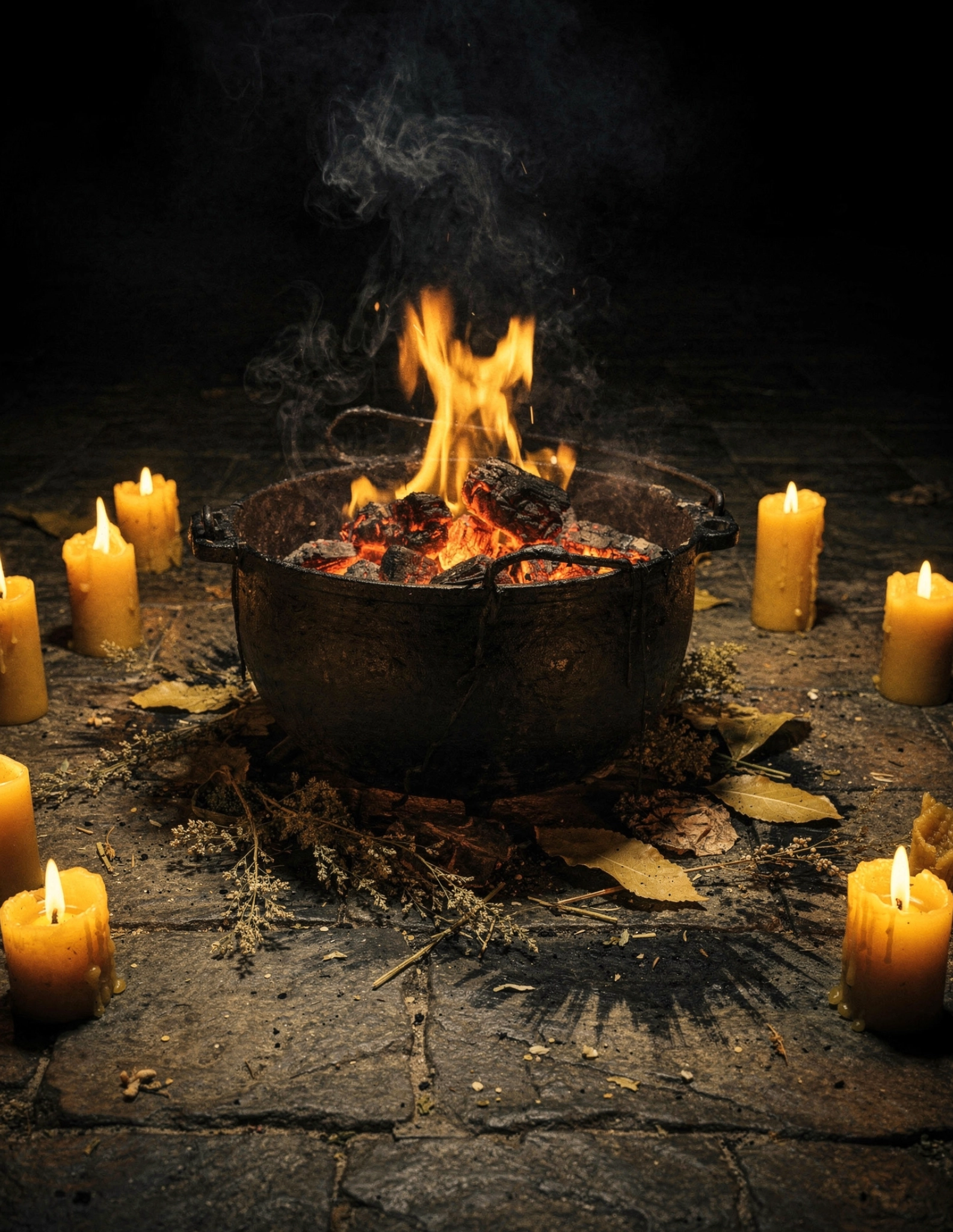 cast iron cauldron surrounded by candles