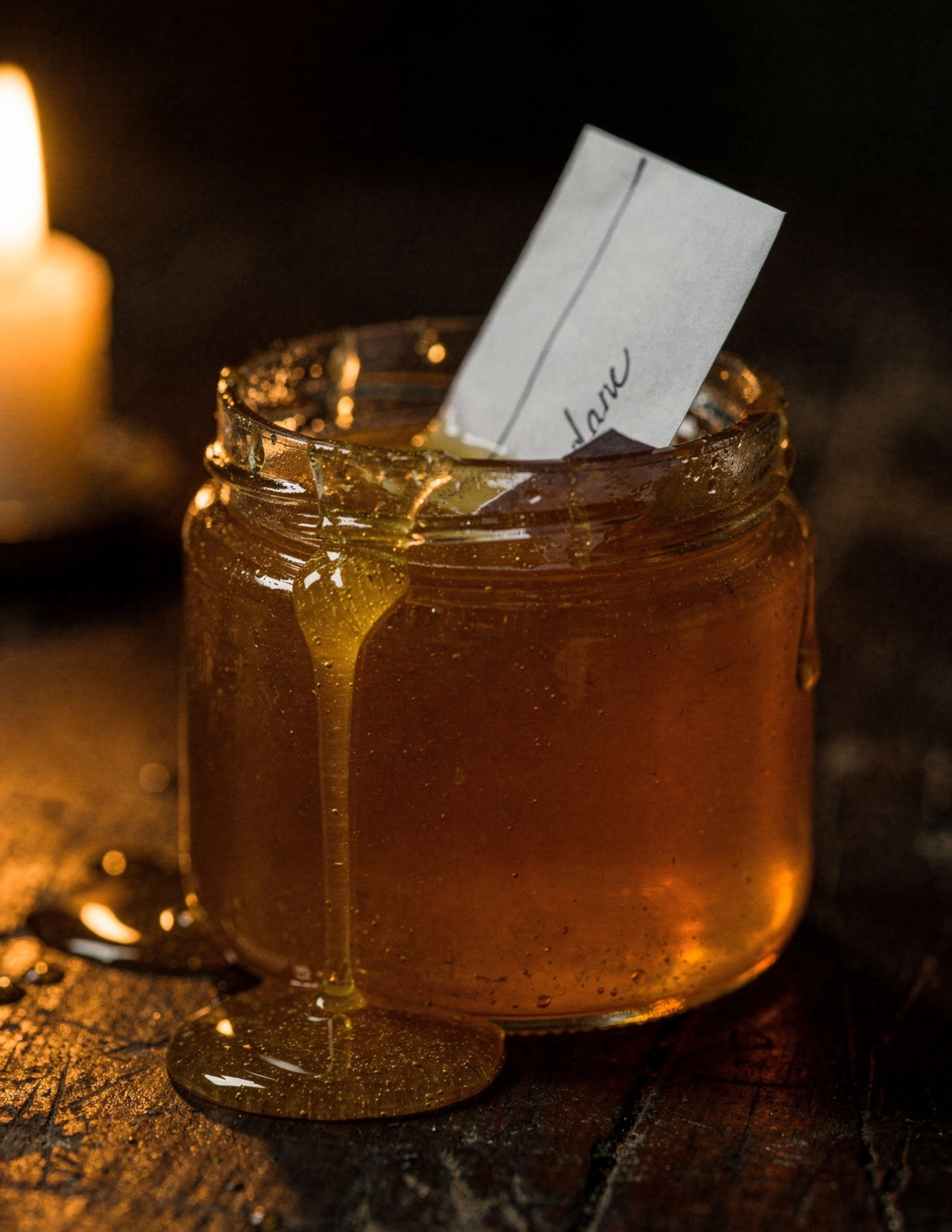 jar of honey with a small paper in it with a written name