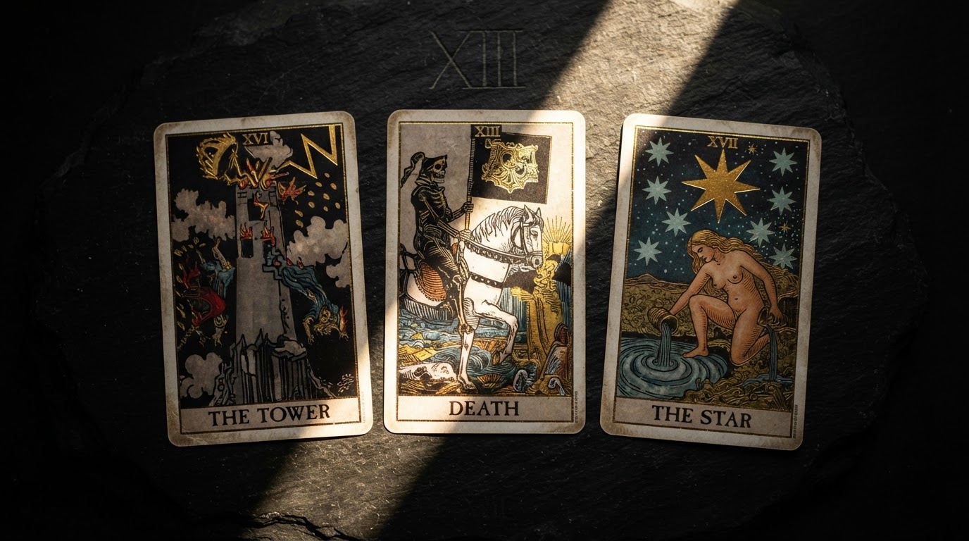 Eclipse Season Tarot: The Tower, Death, and The Star as Guides Through Transformation