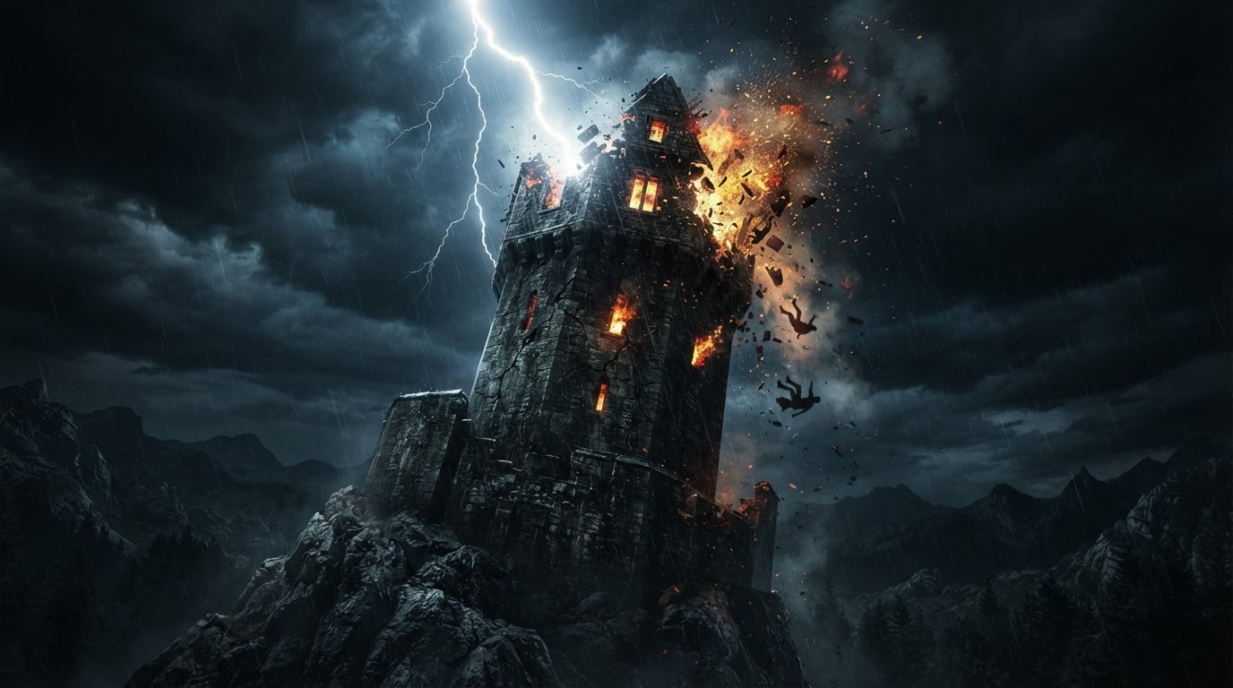 A dark, high-contrast rendering of the Tower tarot card: lightning striking a stone tower, figures falling, flames against a stormy sky.