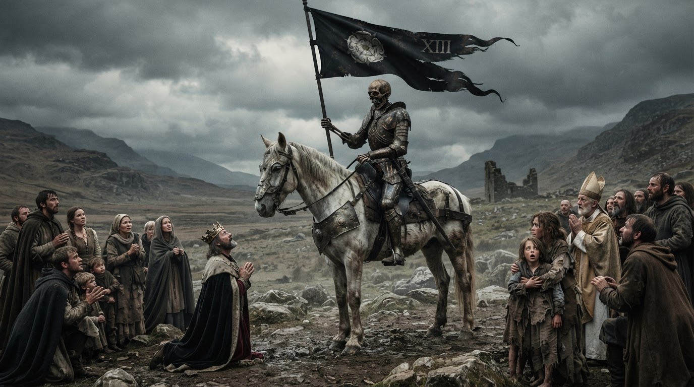 The Death tarot card: a skeletal figure in armor on a white horse, carrying a black flag with a white rose, people of all stations reacting, in a desolate landscape.