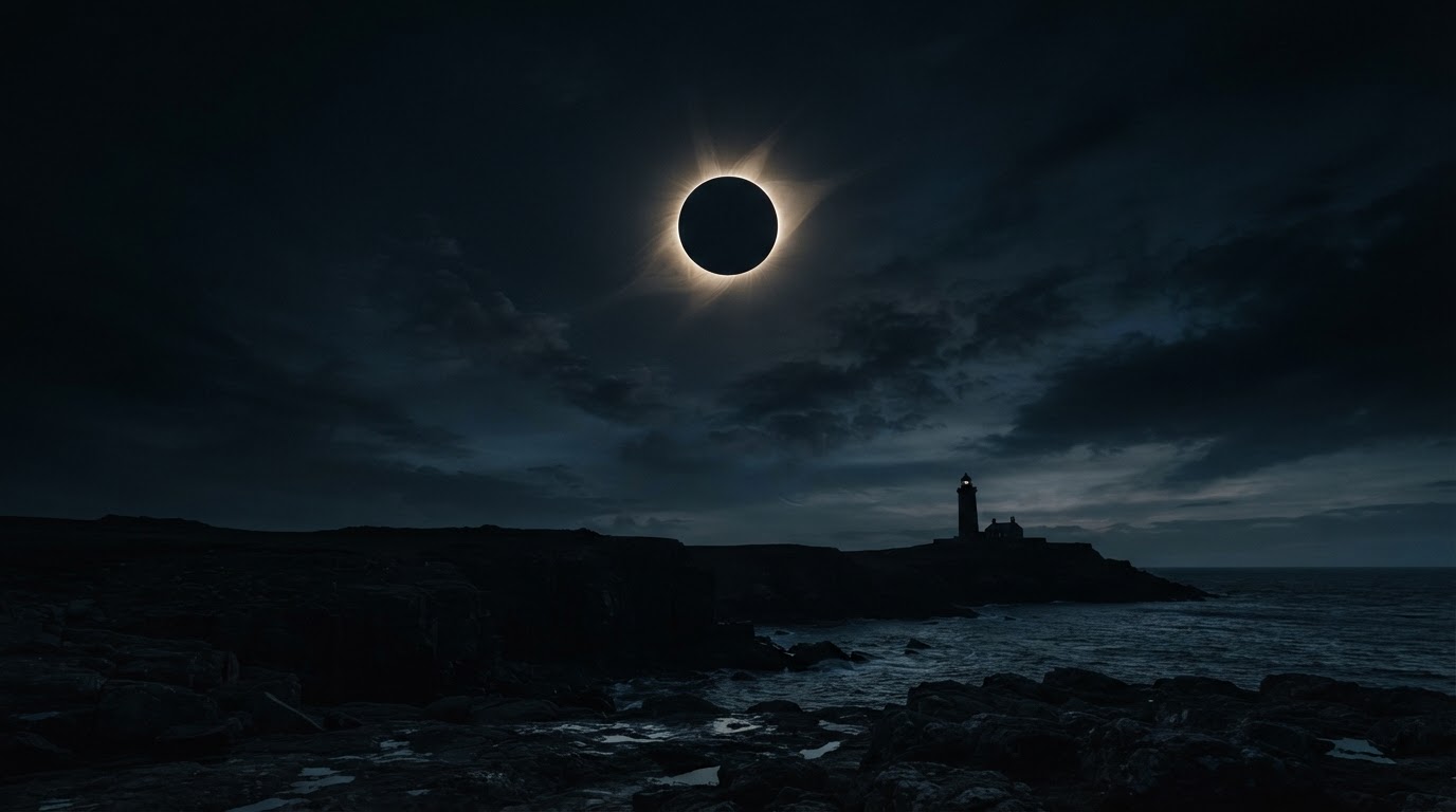 A dramatic solar eclipse in a dark sky, with a faint corona, over a silhouetted landscape.