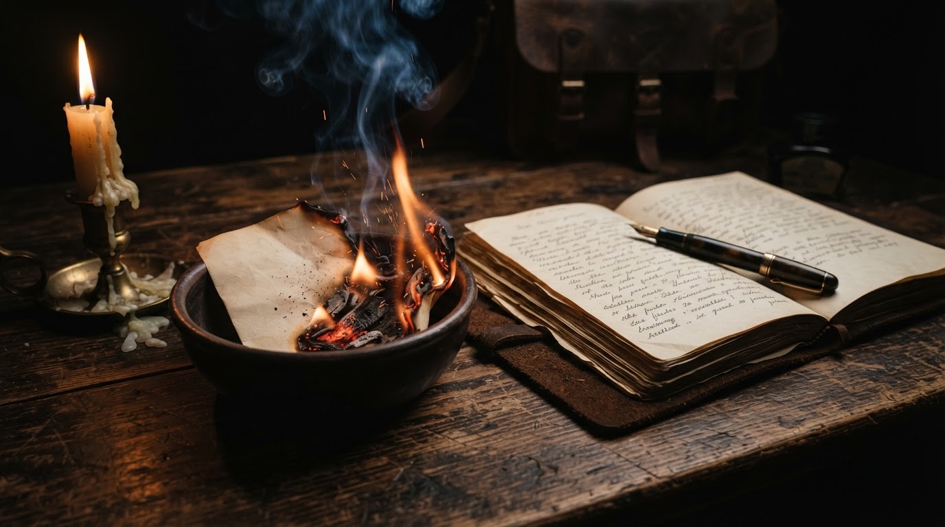 A journal and pen on a wooden desk, dimly lit by candlelight, with a burning piece of paper in a fireproof bowl.