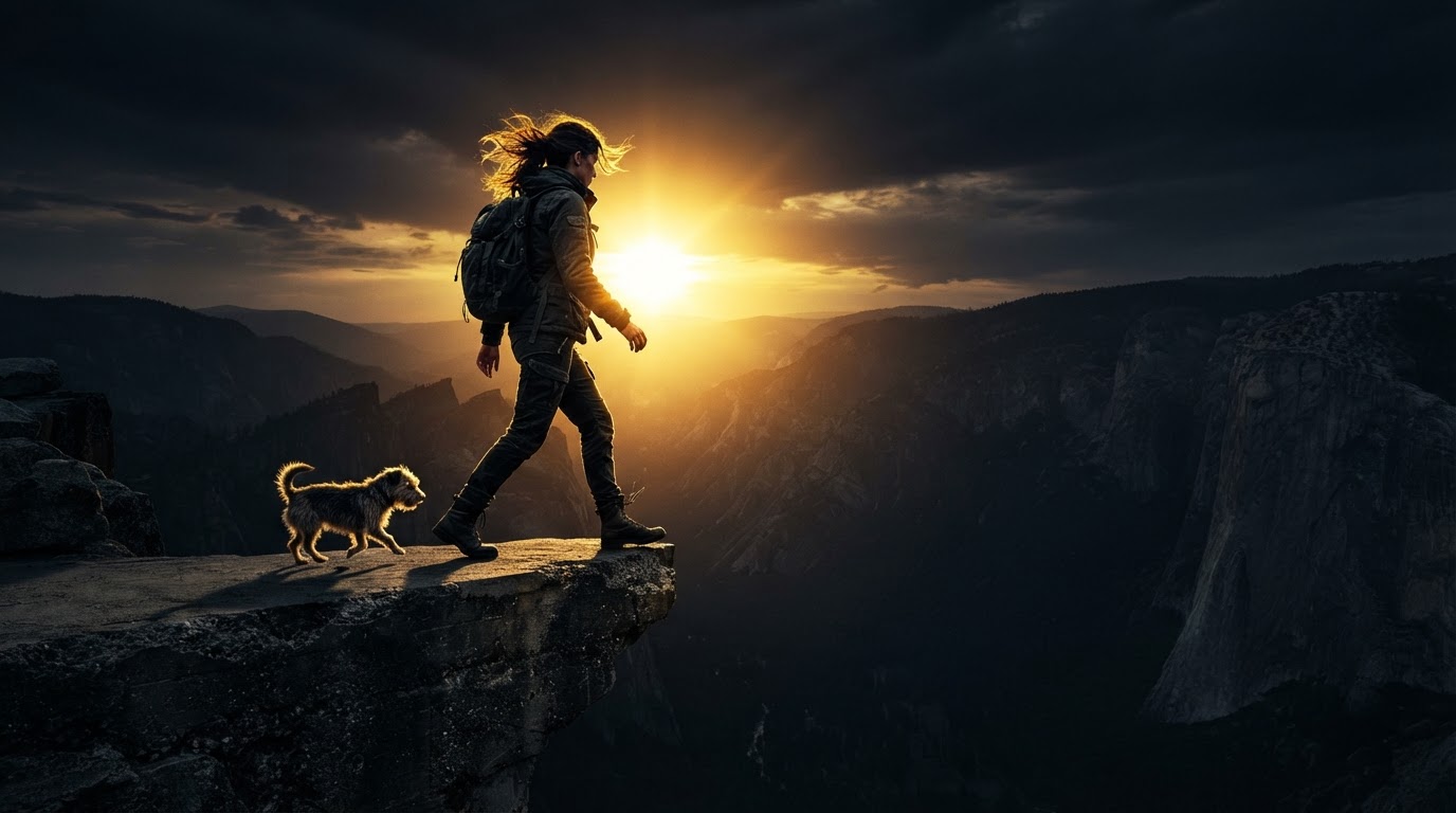 The Fool tarot card, a figure stepping off a cliff with a small dog at their heels, a sun in the background, against a dark, high-contrast sky.