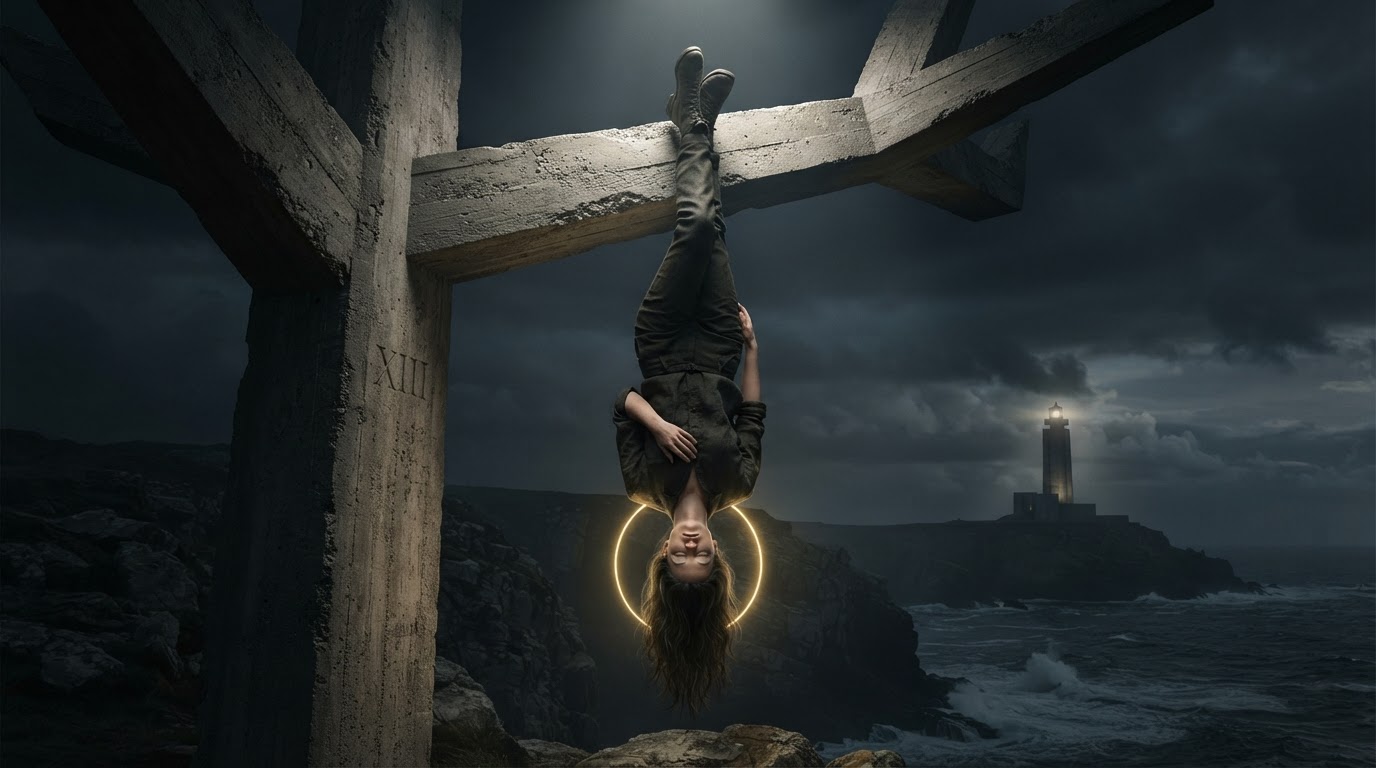 The Hanged Man tarot card, a figure suspended upside down from a tree, serene expression, one leg crossed, halo around the head.