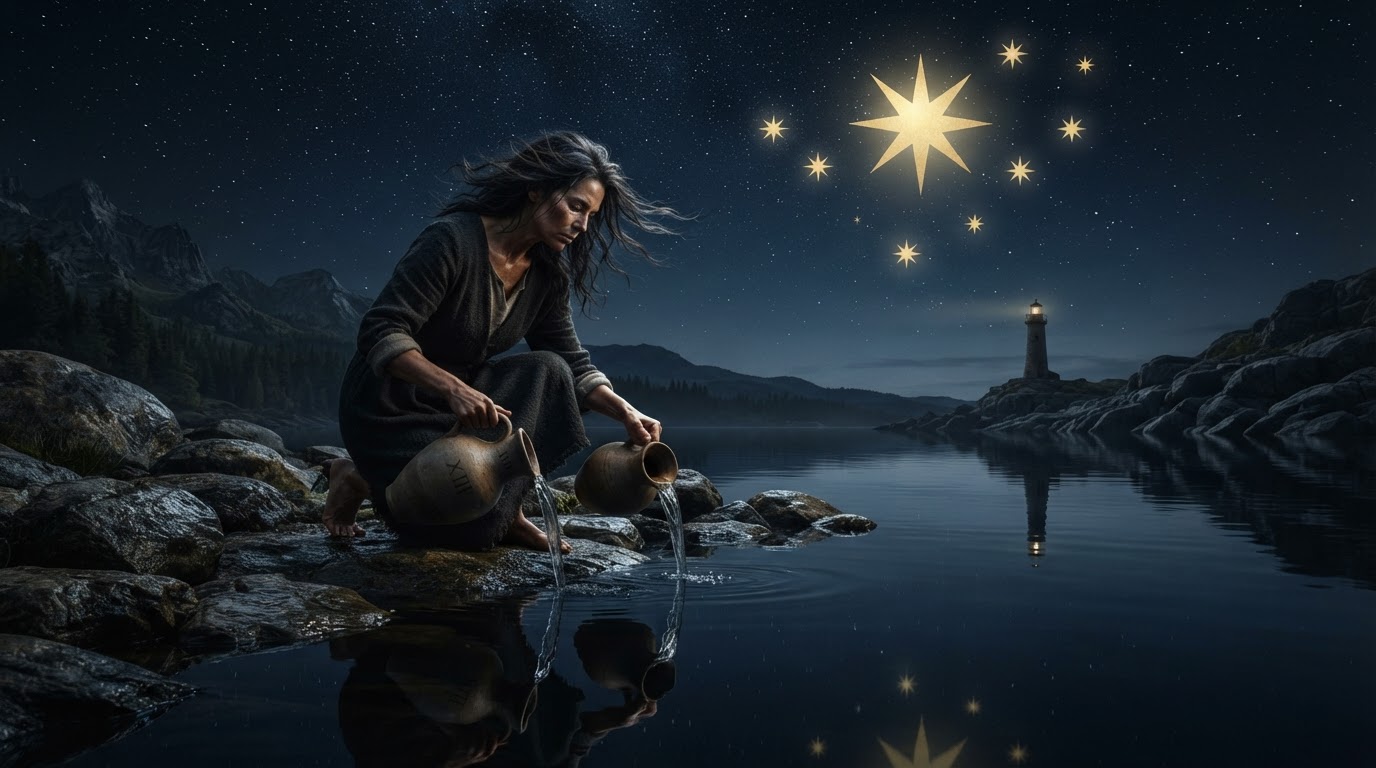 The Star tarot card, a figure kneeling by a body of water, pouring water from two vessels, a large star above with seven smaller stars, night sky.