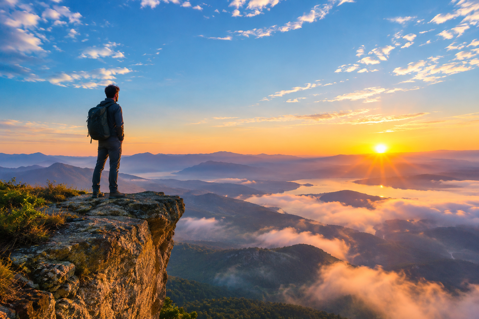 a man looking out toward the horizon on top of a cliff