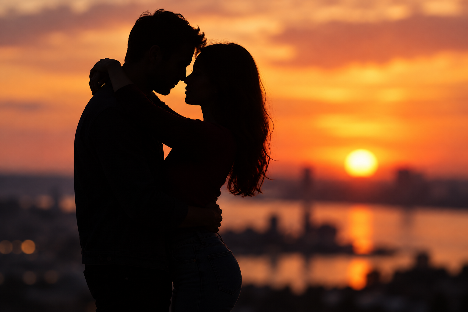 Silhouette of a man and a woman in an embrace